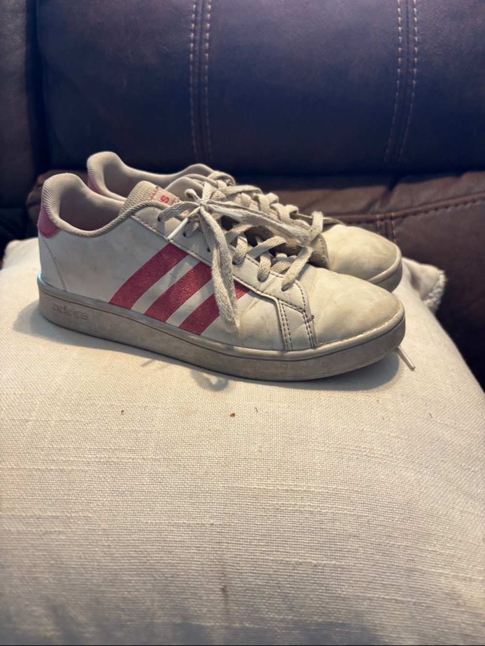 adidas Kids White Sneakers with Pink Three Stripes